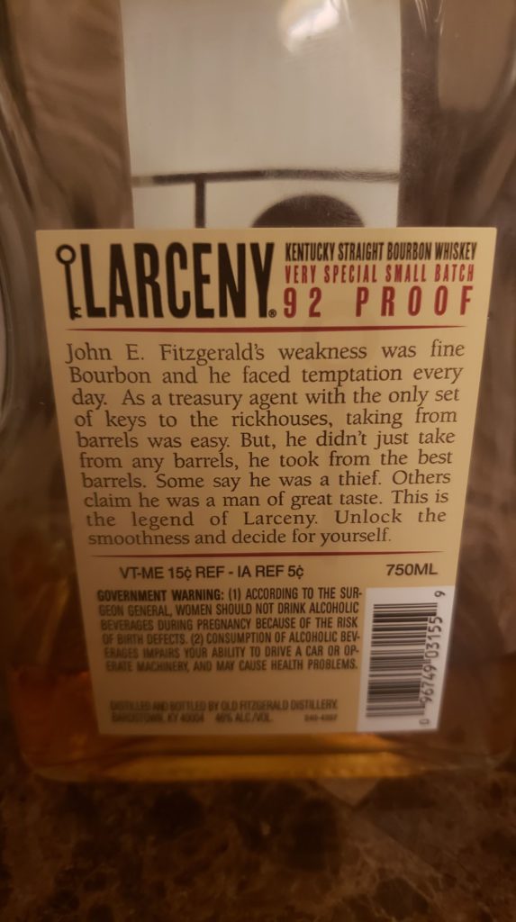 Larceny Very Special Small Batch Bourbon Review - Bottle Back Label