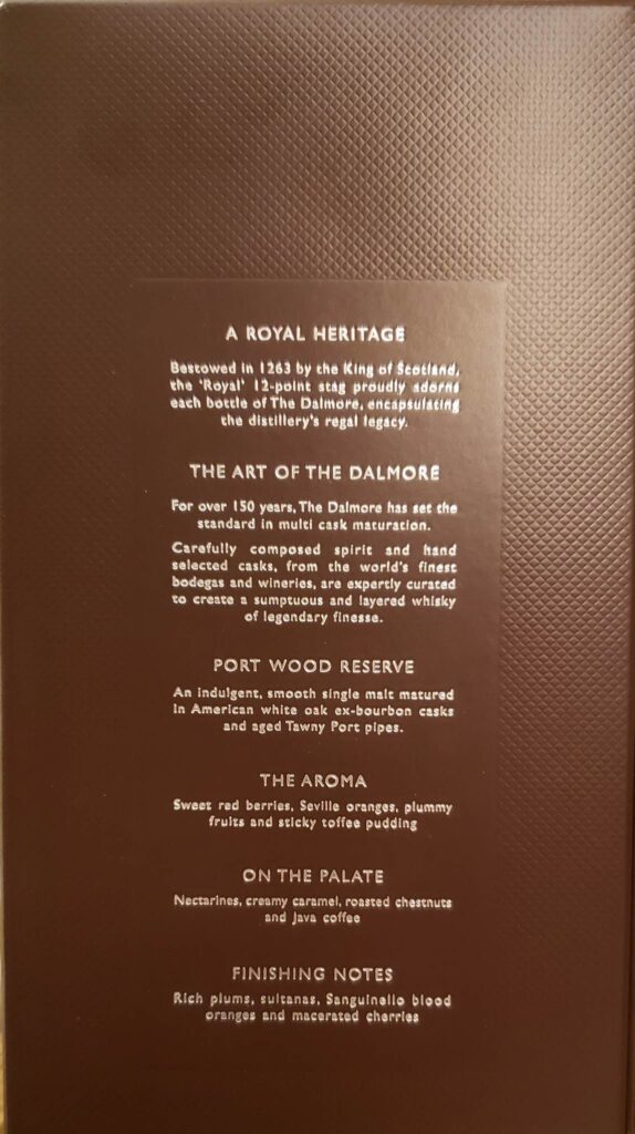 Dalmore Port Wood Review - Back of Box Label and Tasting Notes - Secret Whiskey Society