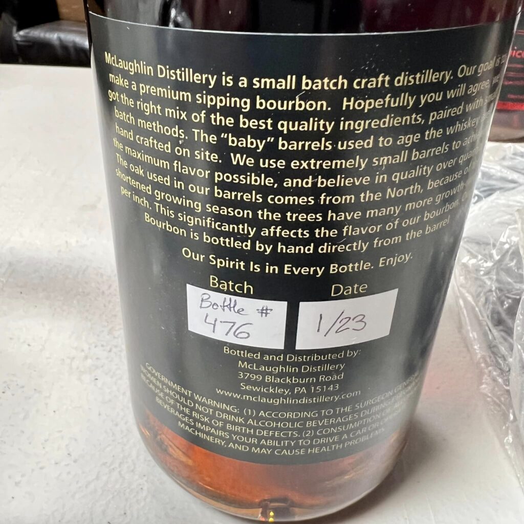 McLaughlin Distillery - Baby Barrel Cask Strength Bottle Label - Bottle Number 476 - Secret Whiskey Society