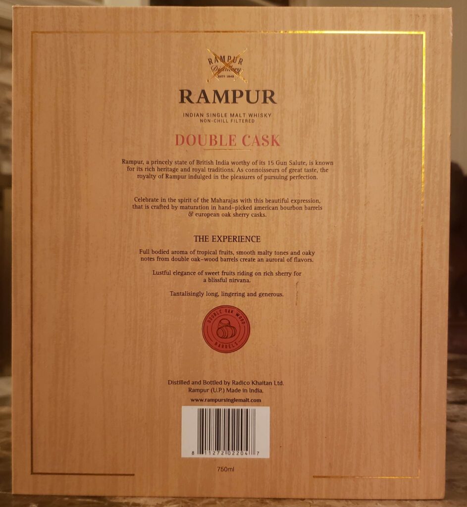 Rampur Double Cask Review - Indian Single Malt - Celebration Pack - Back Label