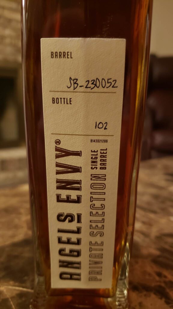 Angels Envy Bourbon - Private Selection Single Barrel Review - Barrel SB-230052 Bottle 102 - Side Label