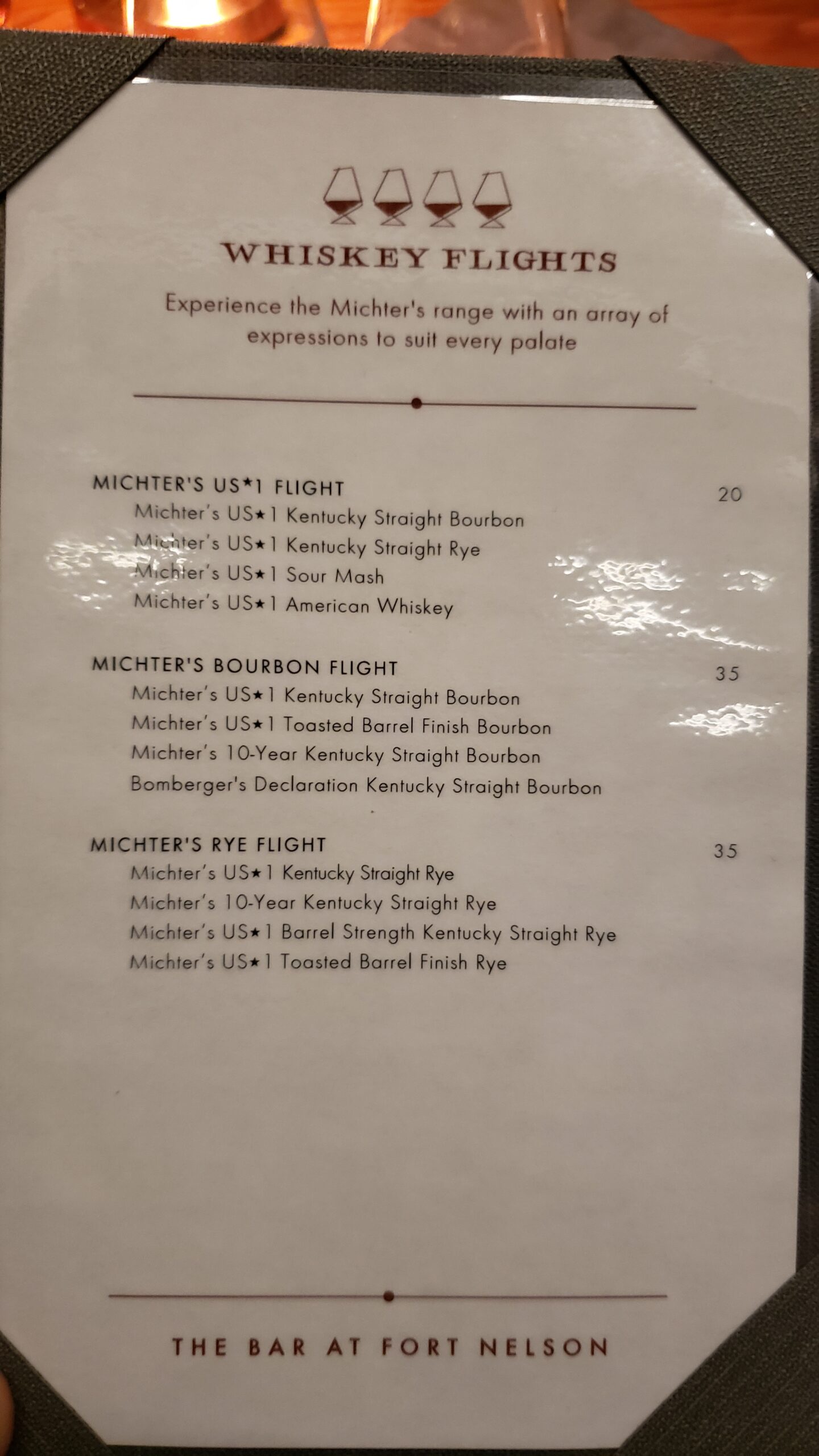 Kentucky Bourbon Trail - Michters Bar at Fort Nelson Tasting Flights