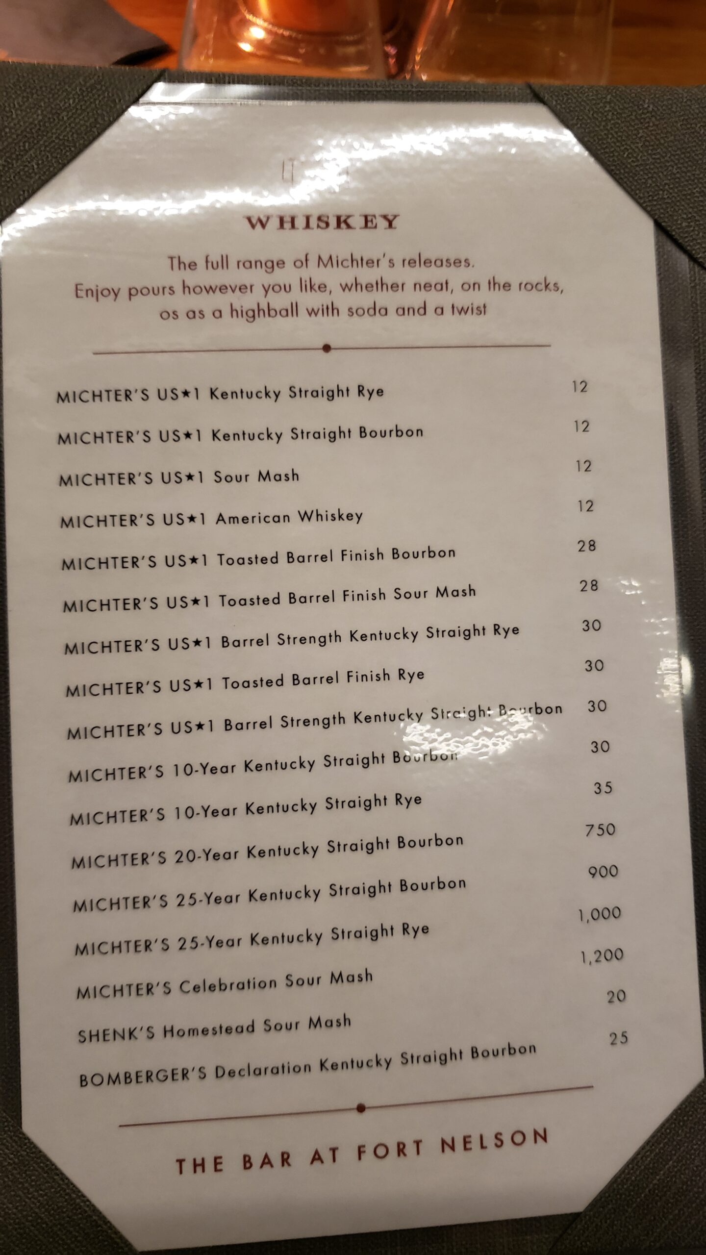 Kentucky Bourbon Trail - Michters Bar at Fort Nelson Whiskey Options