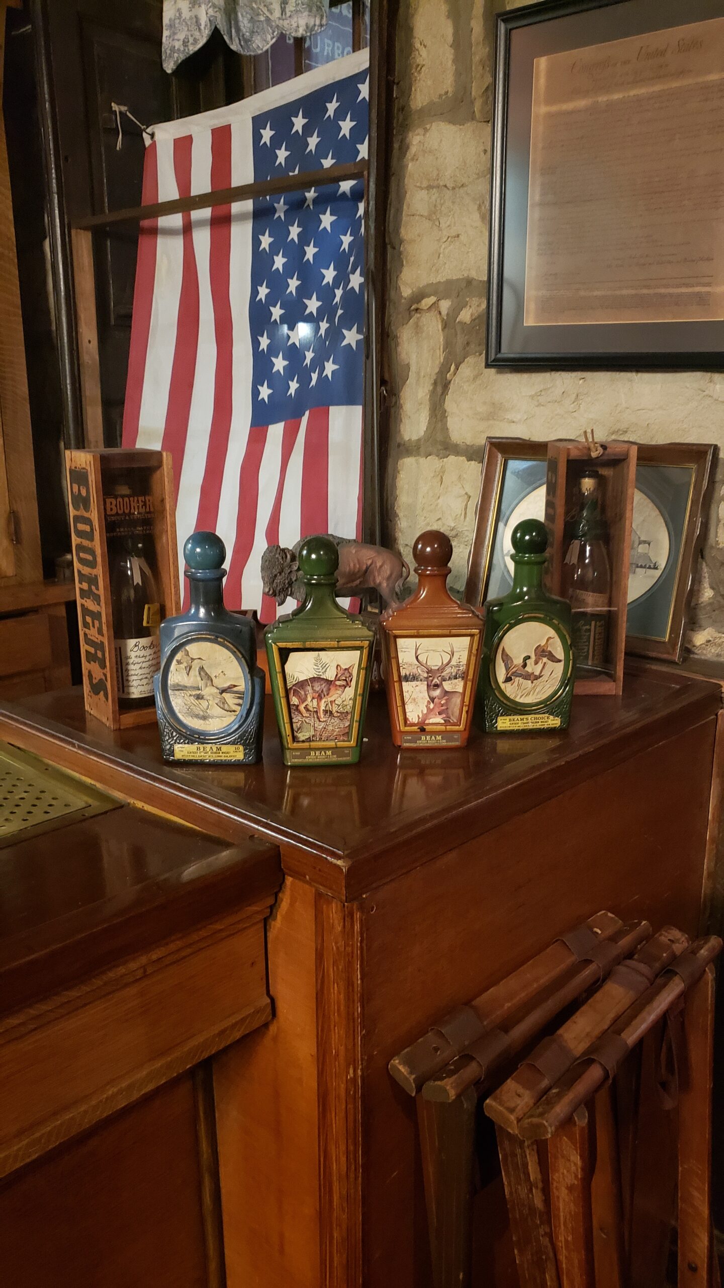 The Talbott Tavern - Old Bourbon Bottles and Flag