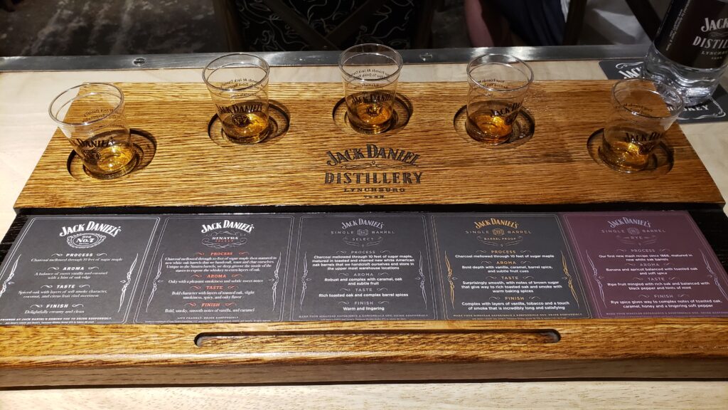 Kentucky Bourbon Trail 2023 - Jack Daniels Distillery Tour - Jack Daniels Tasting Tray