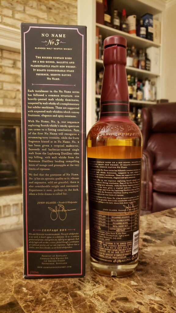 Compass Box No Name No 3 Review - Limited Edition - Secret Whiskey Society - Back of Box and Bottle