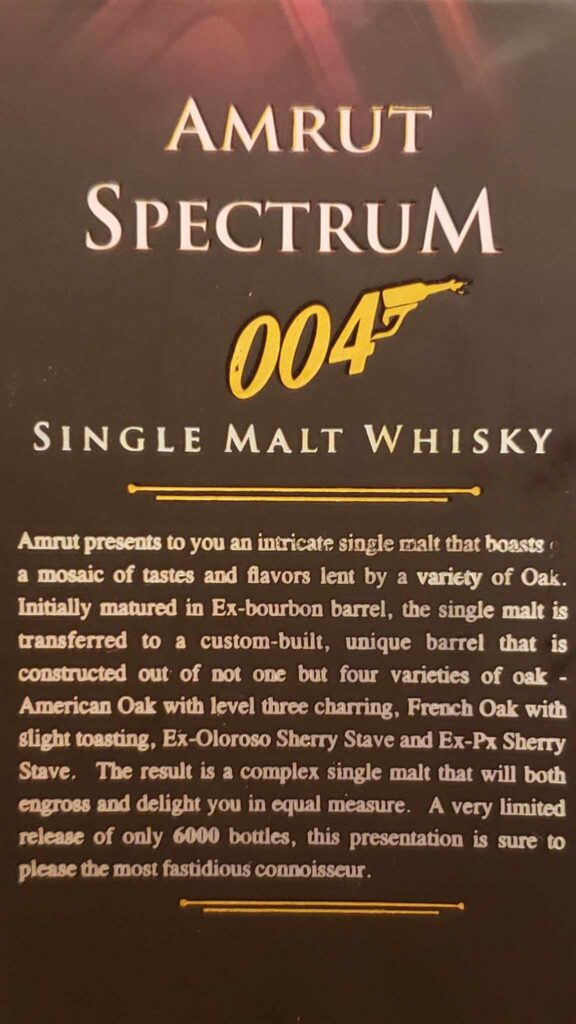 Amrut Spectrum Review - 004 Batch - Indian Single Malt Whisky - Secret Whiskey Society - Bottle Box Description