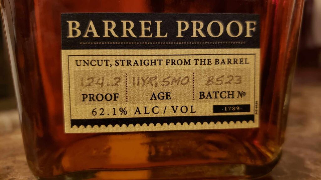 Elijah Craig Barrel Proof Review - Batch B523 - Secret Whiskey Society - Bottle Label ABV and Batch Number