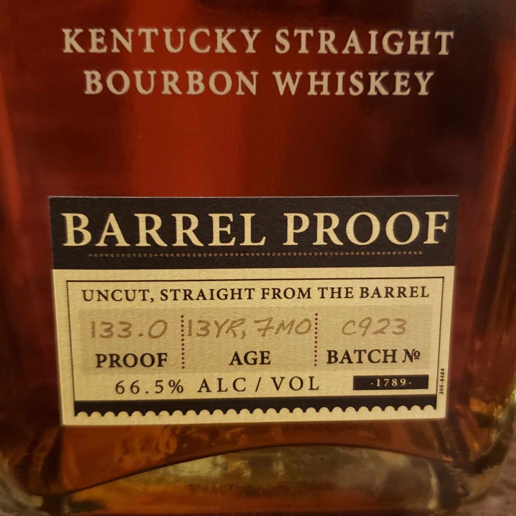 Elijah Craig Barrel Proof Batch C923 Review - Secret Whiskey Society - Bottle Label with Age Batch No and Proof