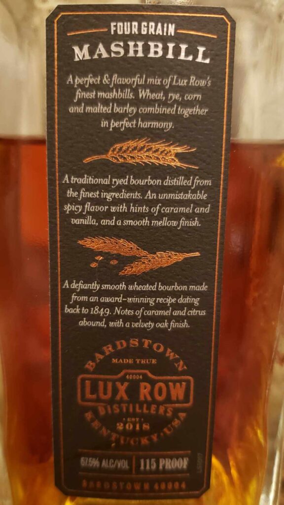 Lux Row Four Grain Double Single Barrel Bourbon Review - Secret Whiskey Society - Four Grain Mash Bill - Bottle Side Label