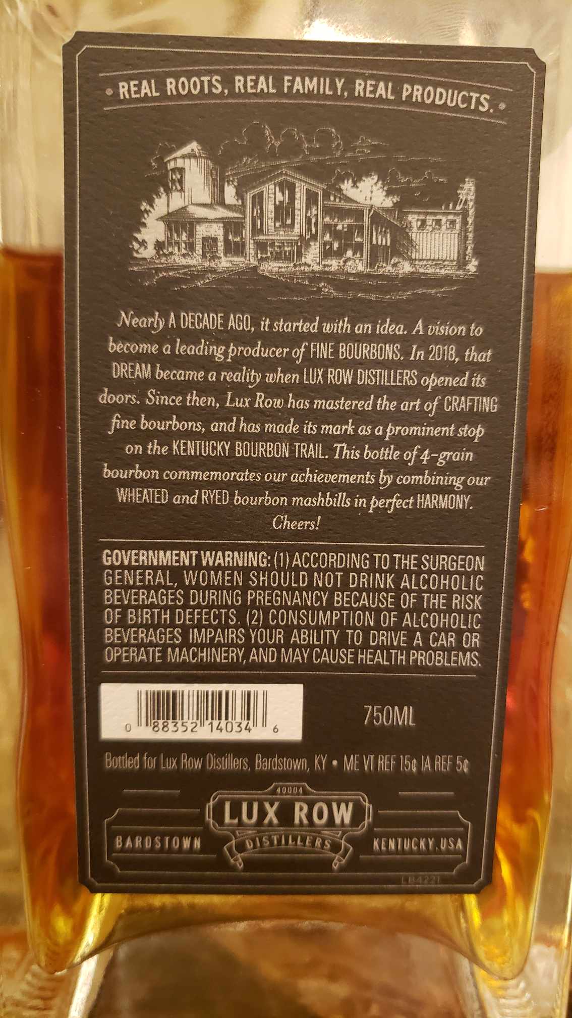 Lux Row Four Grain Double Single Barrel Bourbon Review - Secret Whiskey Society - Lux Row History - Bottle Back Label