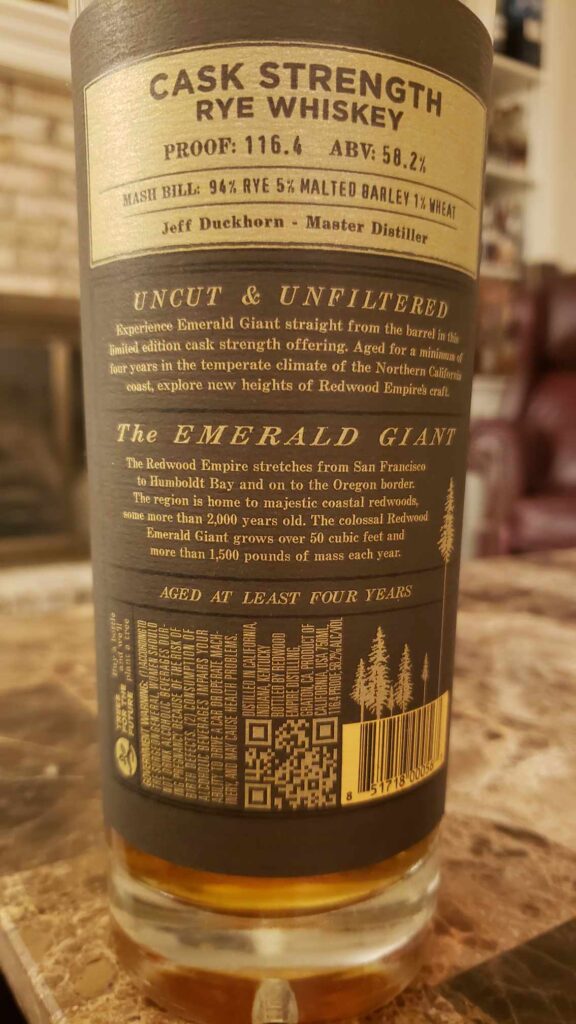 Redwood Empire Emerald Giant Cask Strength Rye Review - Secret Whiskey Society - Back of Bottle Label