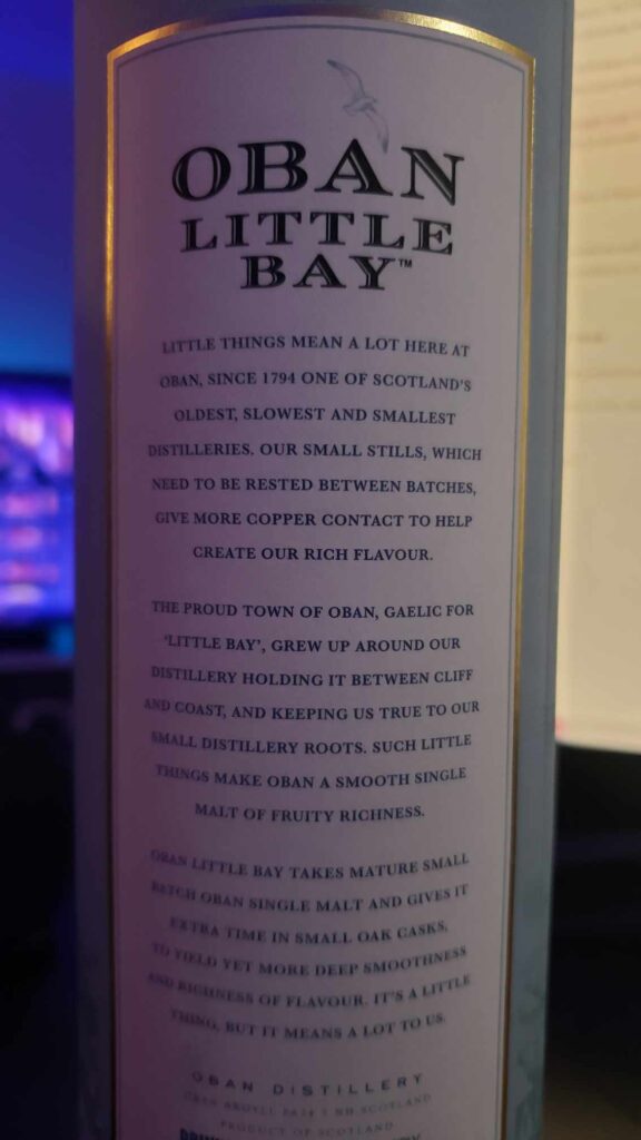 Oban Little Bay Review - Single Malt Scotch Whisky - Secret Whiskey Society - Bottle Box Label Description