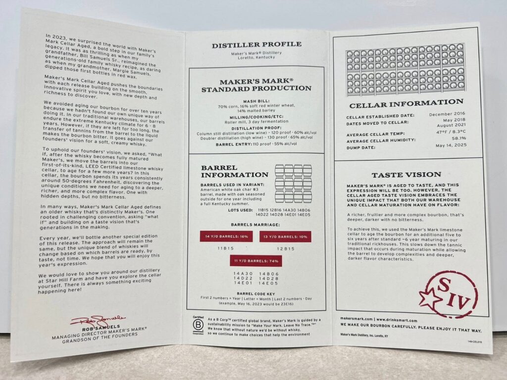 Makers Mark Cellar Aged Review - 2025 Release - Secret Whiskey Society - Bottle Barrel and Tasting Information Pamphlet