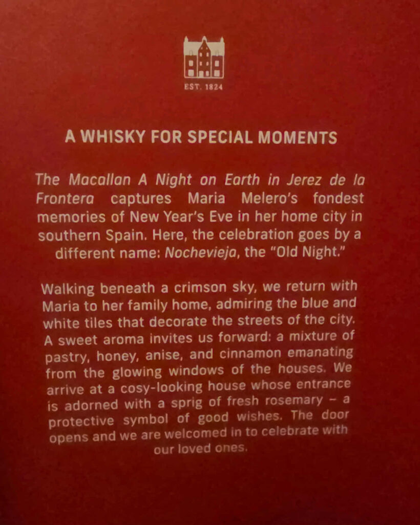 Macallan - A Night on Earth in Jerez Review - Secret Whiskey Society - Inside Box Bottle Description and Story